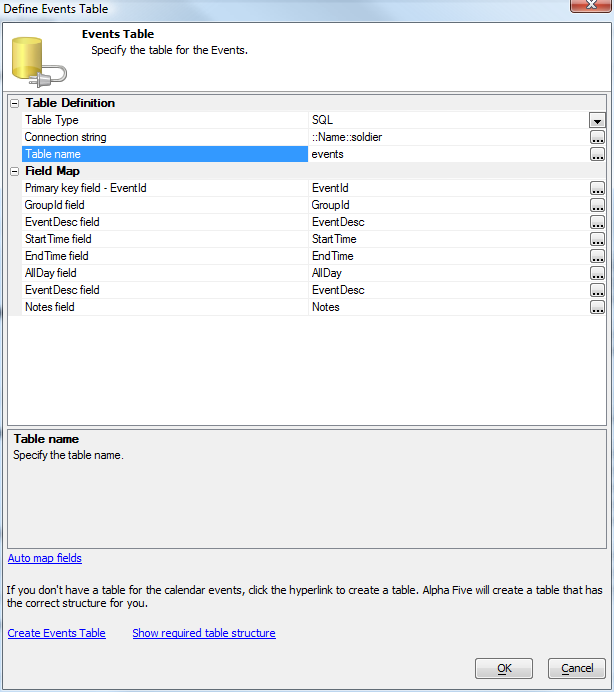 Define Events Table